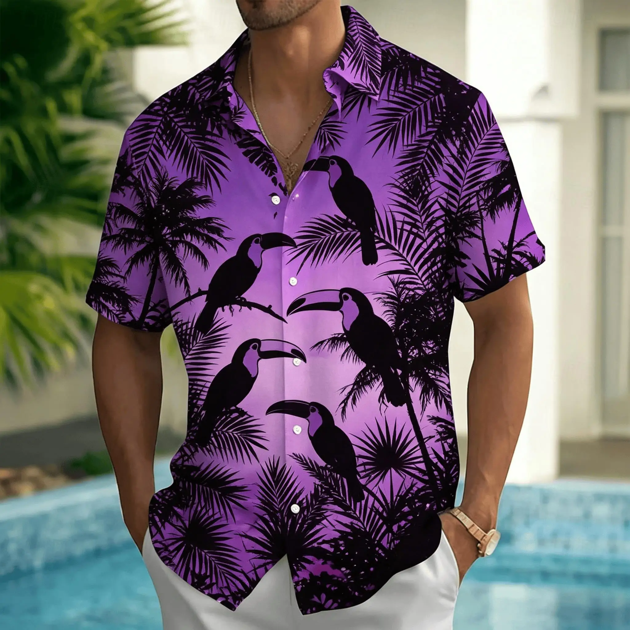 Men's Tropical Toucan Palm Print Short Sleeve Shirt, Casual Hawaiian Button Up Shirt for Spring & Summer
Men's Tropical Toucan Palm Print Short Sleeve Shirt, Casual Hawaiian Button Up Shirt for Spring & Summer