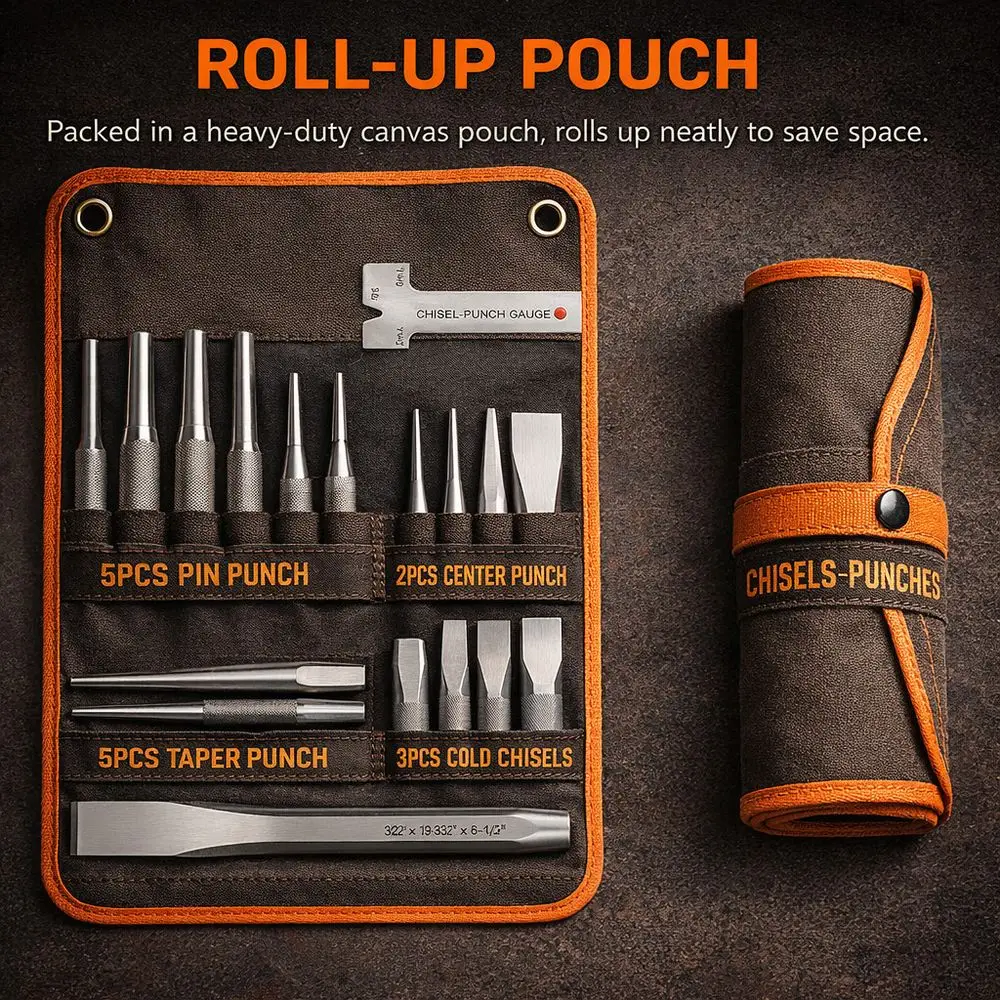 7PCS Professional Punch And Chisel Set With Storage Roll Pouch, Pin Punches, Taper Punches, Cold Chisels, Center Punch For Meta
7PCS Professional Punch And Chisel Set With Storage Roll Pouch, Pin Punches, Taper Punches, Cold Chisels, Center Punch For Meta