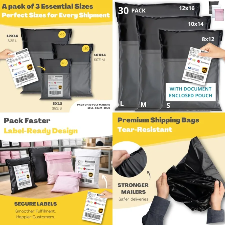 Shipping Bags 30 Pack with Label Pouch - 8x12, 10x14 and 12x16 - Poly Mailers for Clothes, Self-Seal Plastic Mailing Envelopes
Shipping Bags 30 Pack with Label Pouch - 8x12, 10x14 and 12x16 - Poly Mailers for Clothes, Self-Seal Plastic Mailing Envelopes