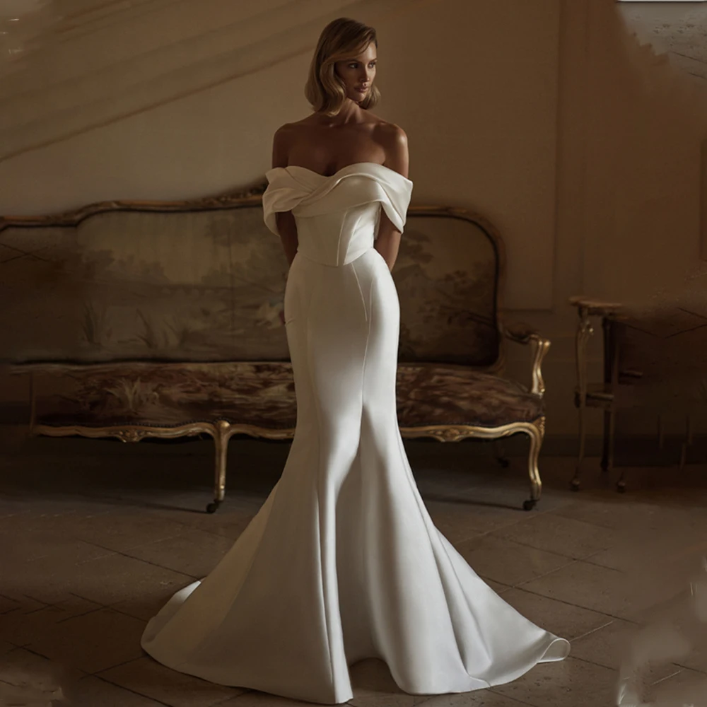Elegant Off The Shoulder Pleat Sweetheart Satin Mermaid Wedding Dresses Sweep Train Custom Made 2025 Vestido De Noival
Elegant Off The Shoulder Pleat Sweetheart Satin Mermaid Wedding Dresses Sweep Train Custom Made 2025 Vestido De Noival