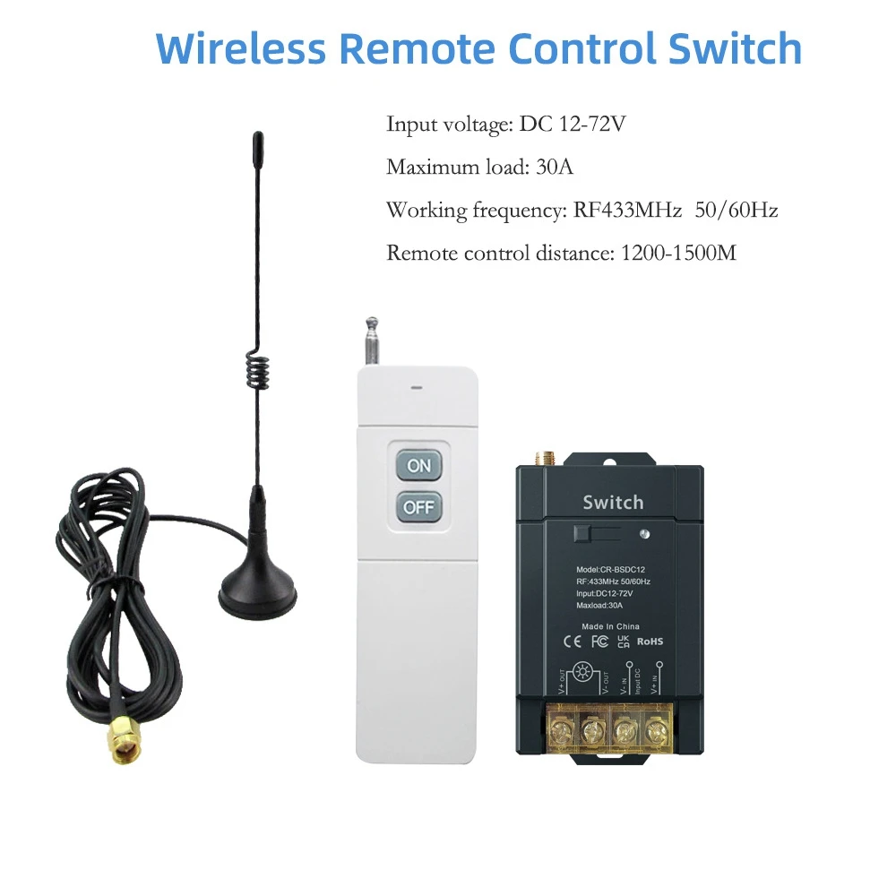 High-Power Wireless Remote Control Switch RF433 30A 1-Channel Receiver Controller with Gain Antenna Wide-Voltage DC 12-72V
High-Power Wireless Remote Control Switch RF433 30A 1-Channel Receiver Controller with Gain Antenna Wide-Voltage DC 12-72V