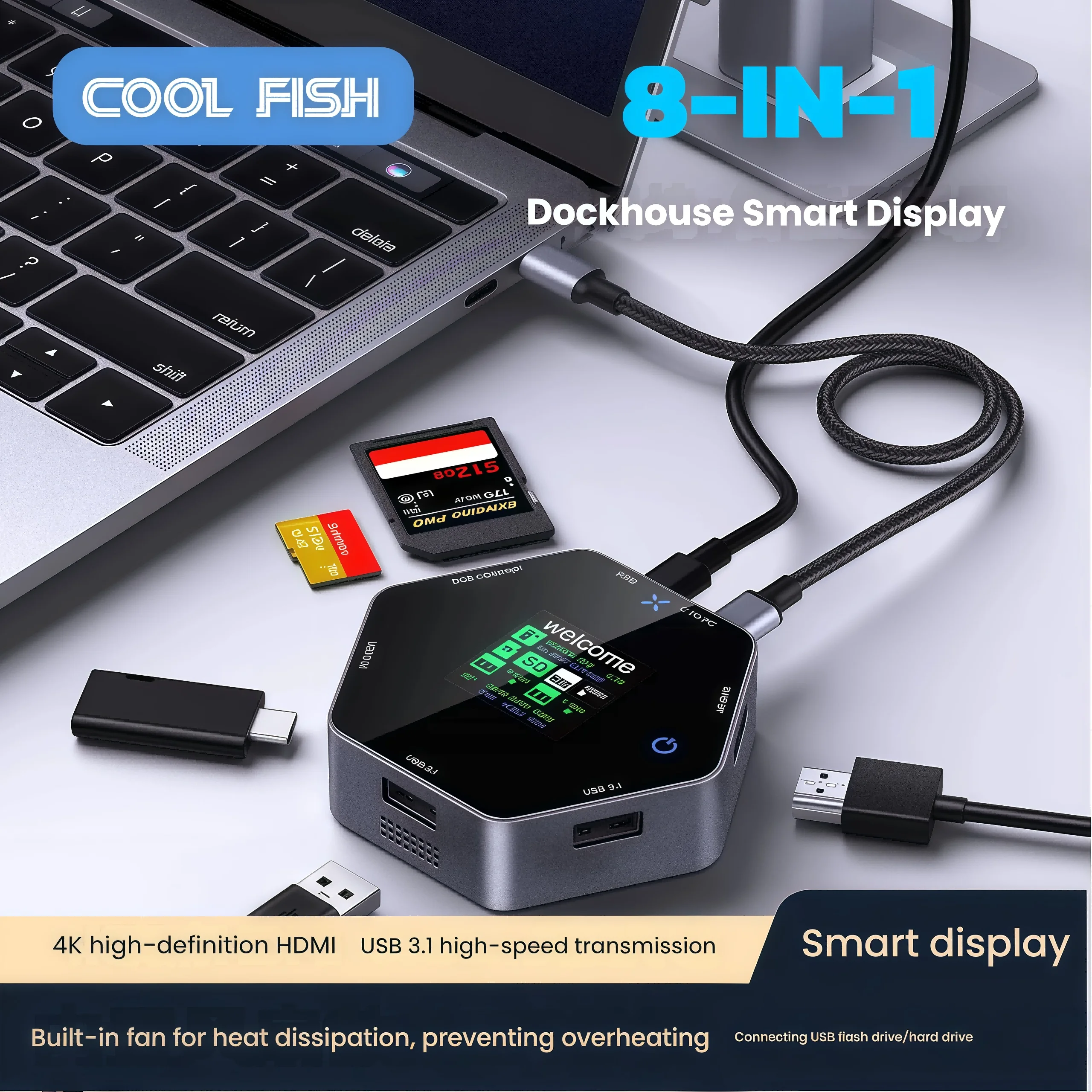 Type-C docking station, 4K converter, HDMI splitter, USB extender, smart display, 8-in-1 multi-port PD fast charging hub
Type-C docking station, 4K converter, HDMI splitter, USB extender, smart display, 8-in-1 multi-port PD fast charging hub