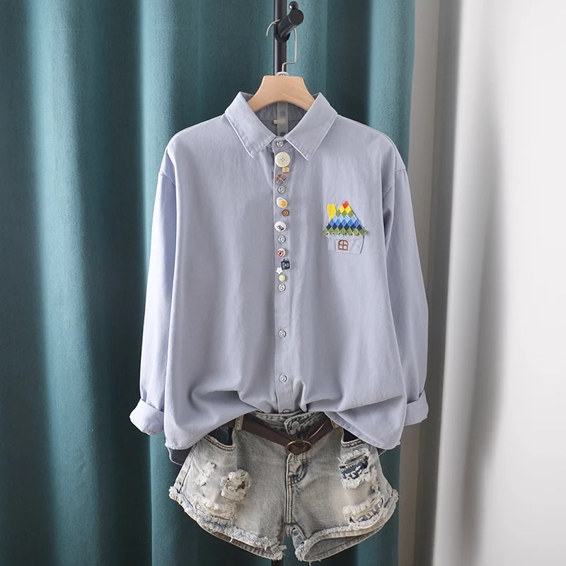 Осенняя одежда, женские рубашки и блузки из матового хлопка в японском стиле с вышивкой мультфильмов и блузки Mori Girl, милая кавайная одежда на пуговицах 
Осенняя одежда, женские рубашки и блузки из матового хлопка в японском стиле с вышивкой мультфильмов и блузки Mori Girl, милая кавайная одежда на пуговицах