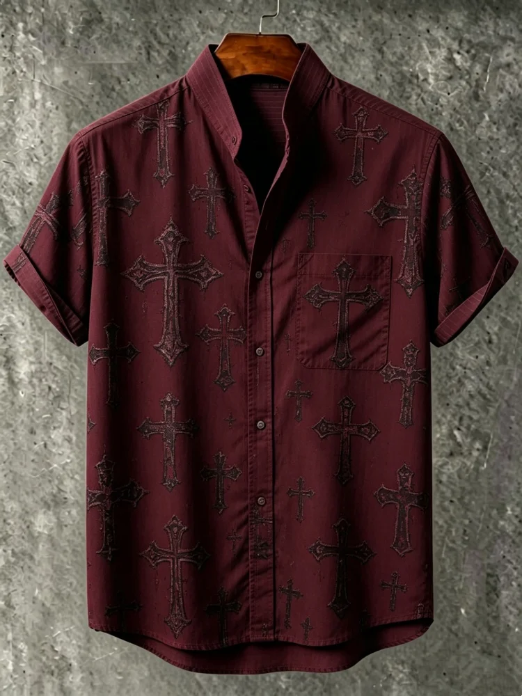 Men's Vintage Gothic Cross Print Stand Collar Short Sleeve Shirt with Chest Pocket, Loose Comfort Casual Summer Top
Men's Vintage Gothic Cross Print Stand Collar Short Sleeve Shirt with Chest Pocket, Loose Comfort Casual Summer Top