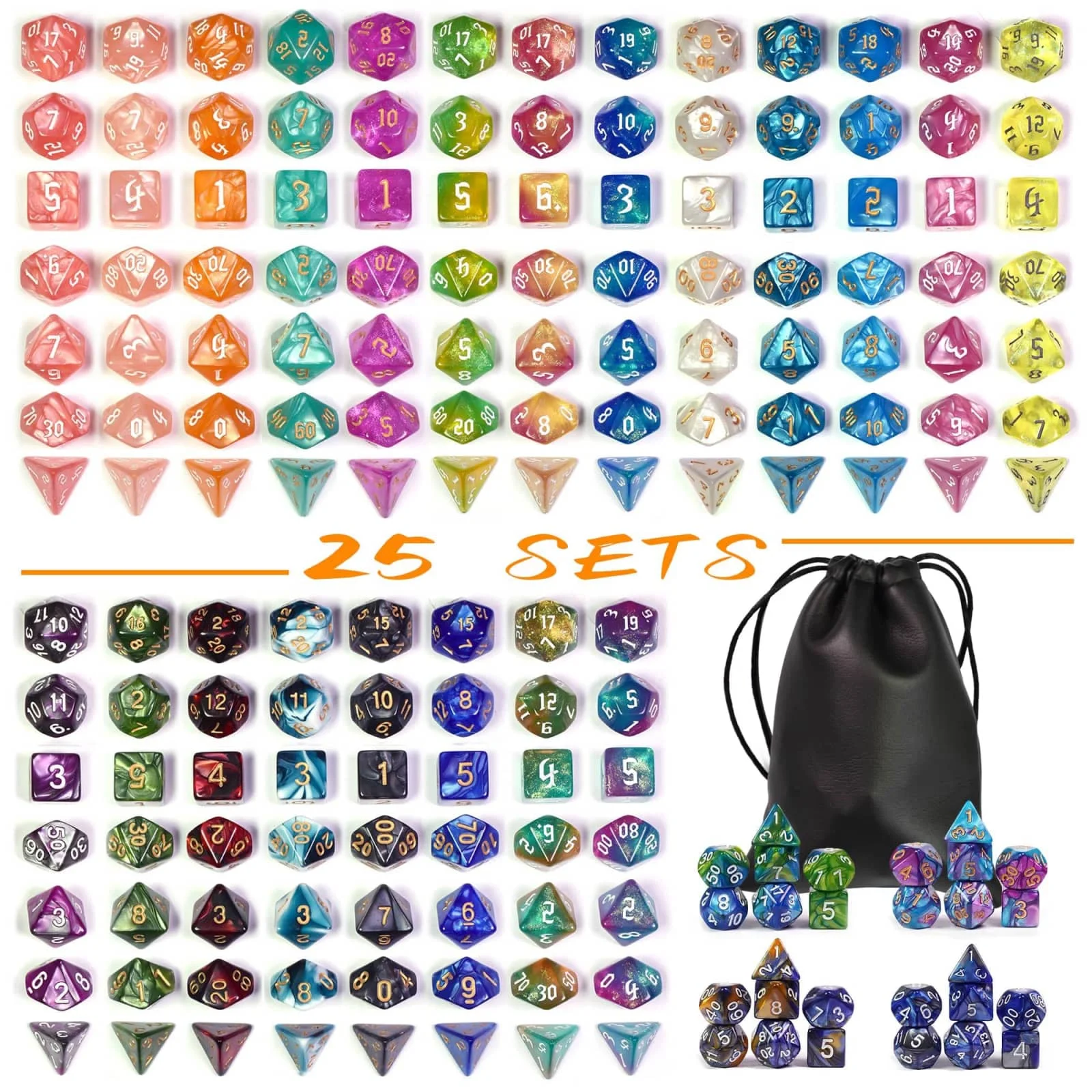 Poludie 25Sets/175Pcs Dice Set Sickle Font D4 D6 D8 D10 D% D12 D20 Polyhedral Dice for Role Playing Game D&D RPG
Poludie 25Sets/175Pcs Dice Set Sickle Font D4 D6 D8 D10 D% D12 D20 Polyhedral Dice for Role Playing Game D&D RPG