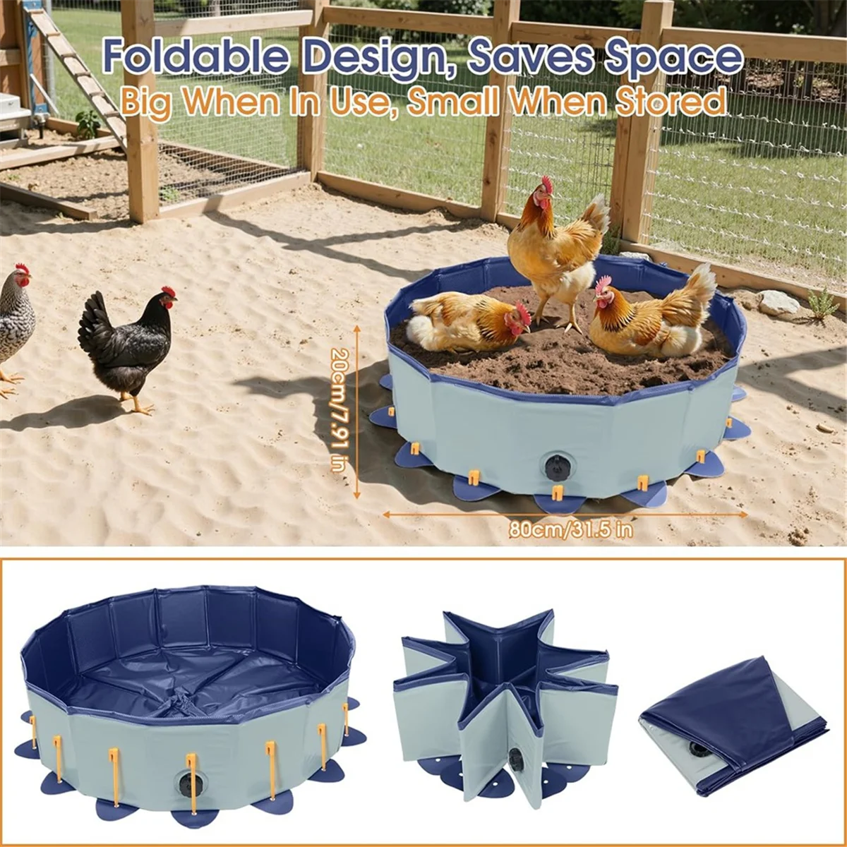 Chicken Dust Bath Tub, 31.5in D X 7.9in H Chicken Dust Bath Container with 16 Ground Stakes, Foldable Design, Tough PVC
Chicken Dust Bath Tub, 31.5in D X 7.9in H Chicken Dust Bath Container with 16 Ground Stakes, Foldable Design, Tough PVC
