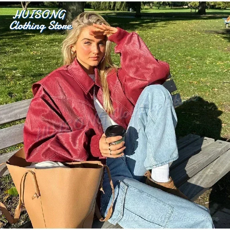 Wine Red Zipper Leather Jacket Women Casual Long Sleeve Lapel Cropped Coat 2024 Autumn New Lady Vintage Fashion Tops Outerwear
Wine Red Zipper Leather Jacket Women Casual Long Sleeve Lapel Cropped Coat 2024 Autumn New Lady Vintage Fashion Tops Outerwear