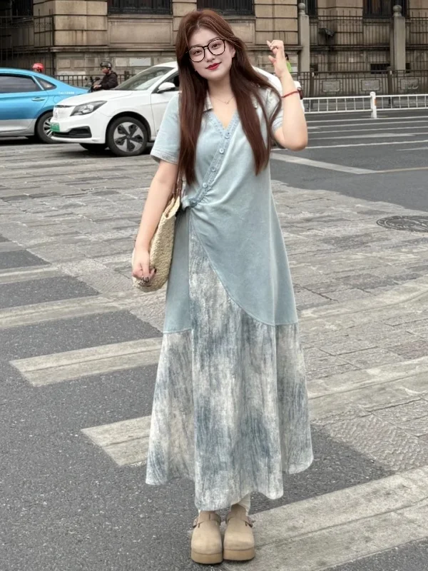plus Size Traditional Chinese Style Spill Ink V-Neck Patchwork Dress Women's Summer New Slimming Long Skirt Fake Two-Piece
plus Size Traditional Chinese Style Spill Ink V-Neck Patchwork Dress Women's Summer New Slimming Long Skirt Fake Two-Piece