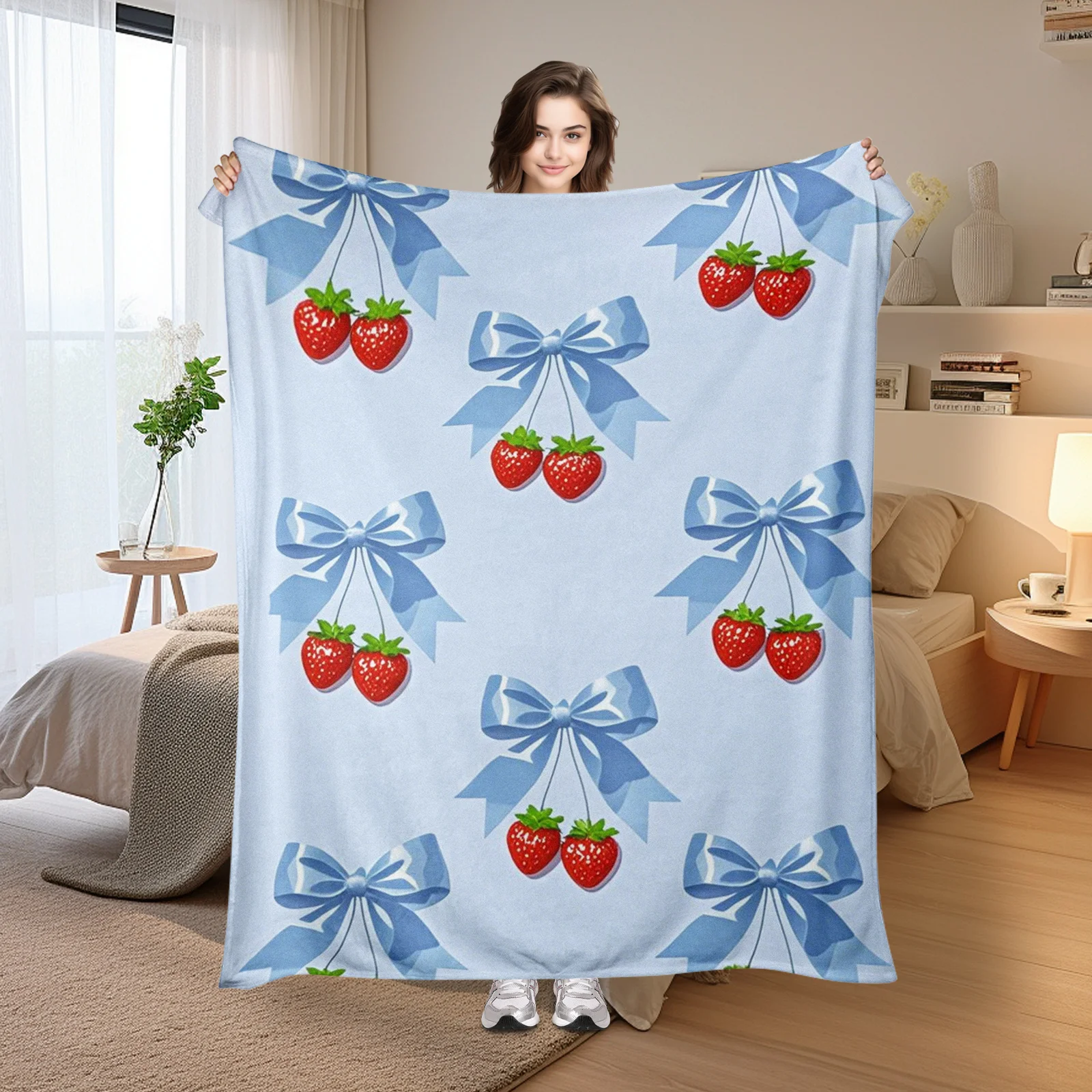 Bow Strawberry Blue Background Blanket With Cartoon Whimsical Design And Cozy Fabric For Playful And Vibrant Room Decor Style
Bow Strawberry Blue Background Blanket With Cartoon Whimsical Design And Cozy Fabric For Playful And Vibrant Room Decor Style