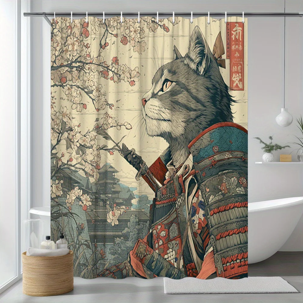 Занавеска для душа из полиэстера в стиле аниме с изображением самурайского кота в серой броне, сакуры и японской архитектурой, машинная стирка, простой уход.
Занавеска для душа из полиэстера в стиле аниме с изображением самурайского кота в серой броне, сакуры и японской архитектурой, машинная стирка, простой уход.