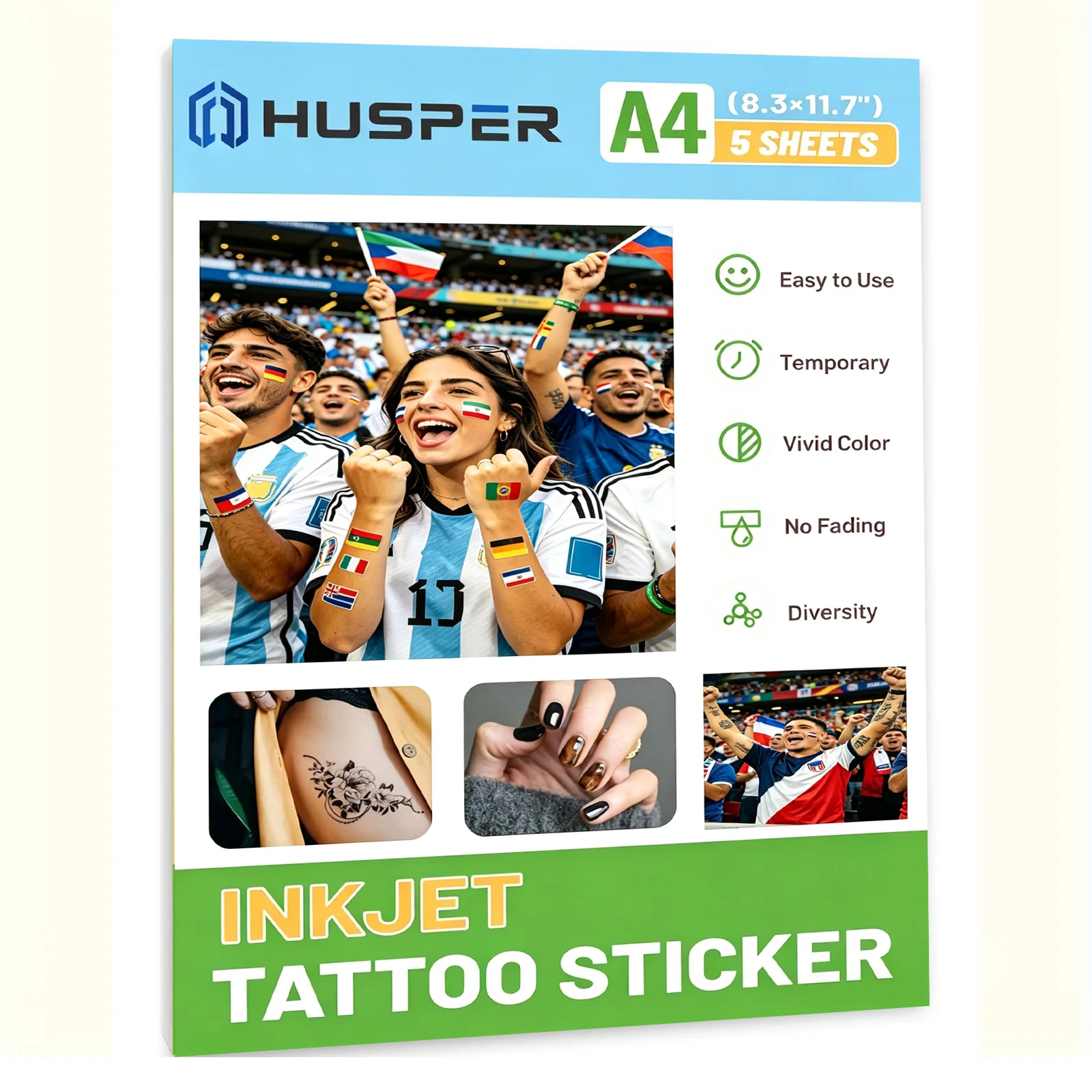 A4 5 pcs temporary printable tattoo paper for inkjet printer can be used for skin, football matche holiday celebrations parties
A4 5 pcs temporary printable tattoo paper for inkjet printer can be used for skin, football matche holiday celebrations parties