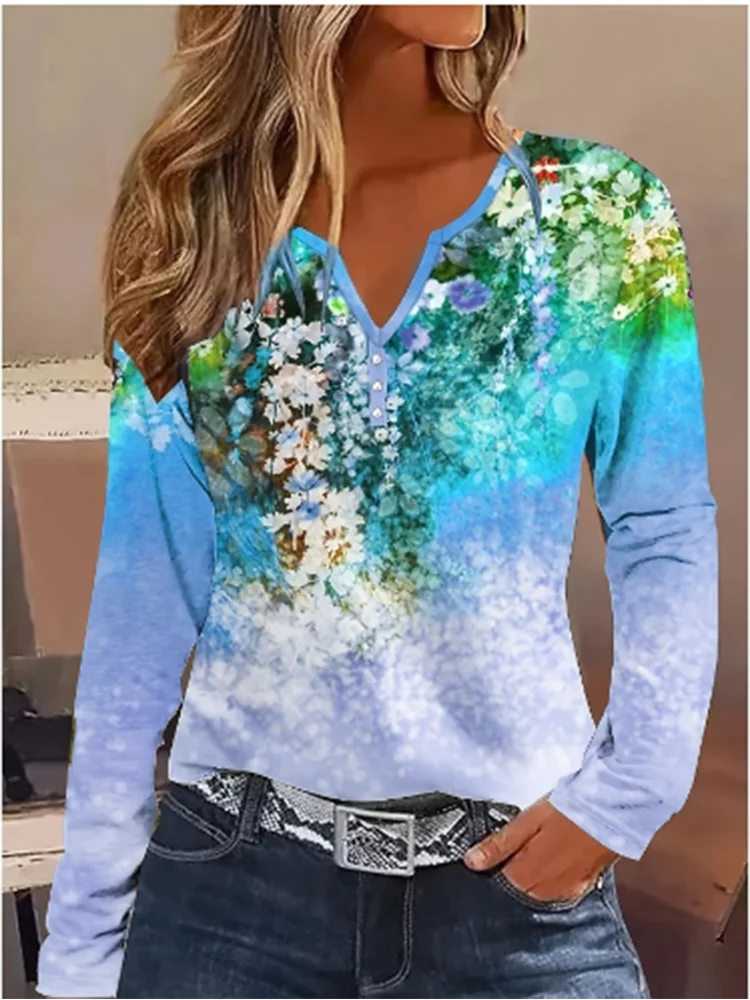 Fashion Floral Printed Long Sleeved V-neck T-shirt Women Button Daily Top Autumn Casual Style Top
Fashion Floral Printed Long Sleeved V-neck T-shirt Women Button Daily Top Autumn Casual Style Top
