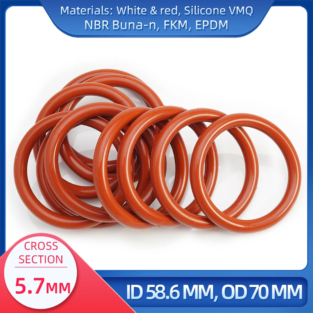 O Ring CS 5.7 mm ID 58.6 mm OD 70 mm Material With Silicone VMQ NBR FKM EPDM ORing Seal Gask
O Ring CS 5.7 mm ID 58.6 mm OD 70 mm Material With Silicone VMQ NBR FKM EPDM ORing Seal Gask