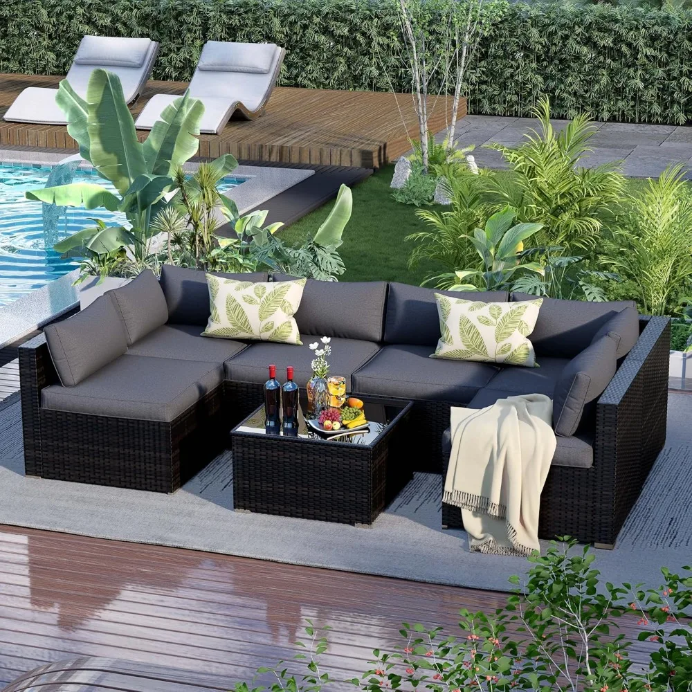 7 Pieces Patio Furniture Set - Outdoor Sectional Wicker Rattan Furniture with Cushion and Glass Table Patio Conversation Sets fo
7 Pieces Patio Furniture Set - Outdoor Sectional Wicker Rattan Furniture with Cushion and Glass Table Patio Conversation Sets fo