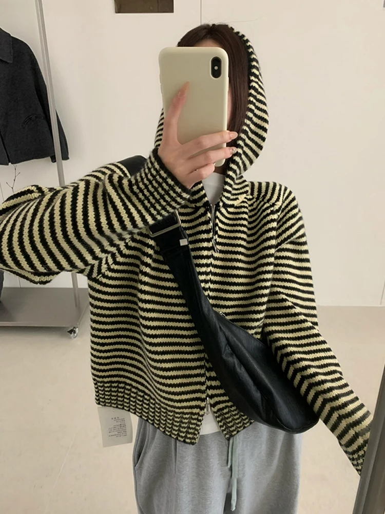 New Hooded Striped Sweater for Women Fashionable Double Zippers Design Long Sleeve Knitted Cardigan Korean Casual Coat Tops
New Hooded Striped Sweater for Women Fashionable Double Zippers Design Long Sleeve Knitted Cardigan Korean Casual Coat Tops