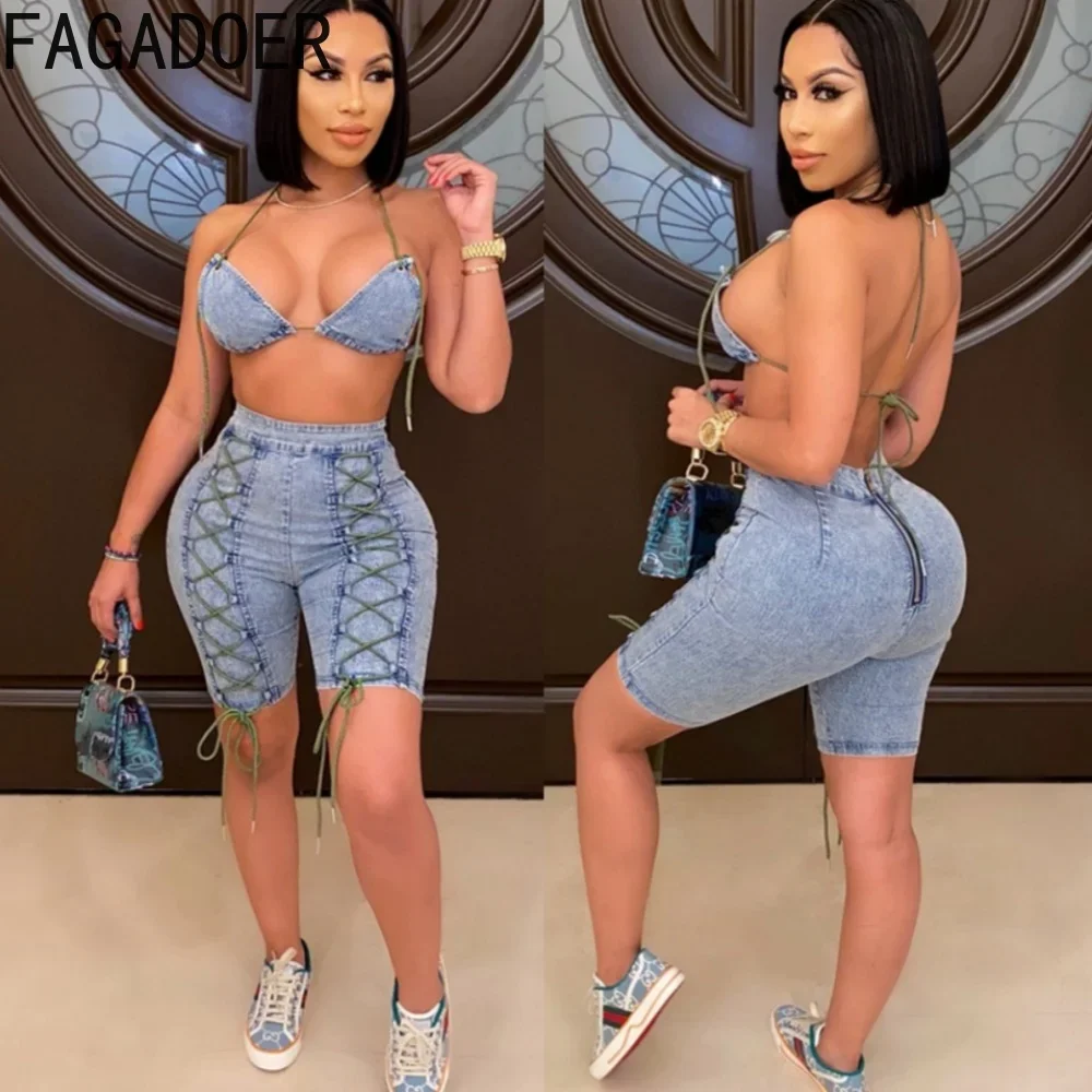 FAGADOER Sexy V Neck Bandage Denim Shorts Two Piece Sets Women Halter Lace Up Bra And Skinny Shorts Outfits Fashion Cowboy Suits
FAGADOER Sexy V Neck Bandage Denim Shorts Two Piece Sets Women Halter Lace Up Bra And Skinny Shorts Outfits Fashion Cowboy Suits