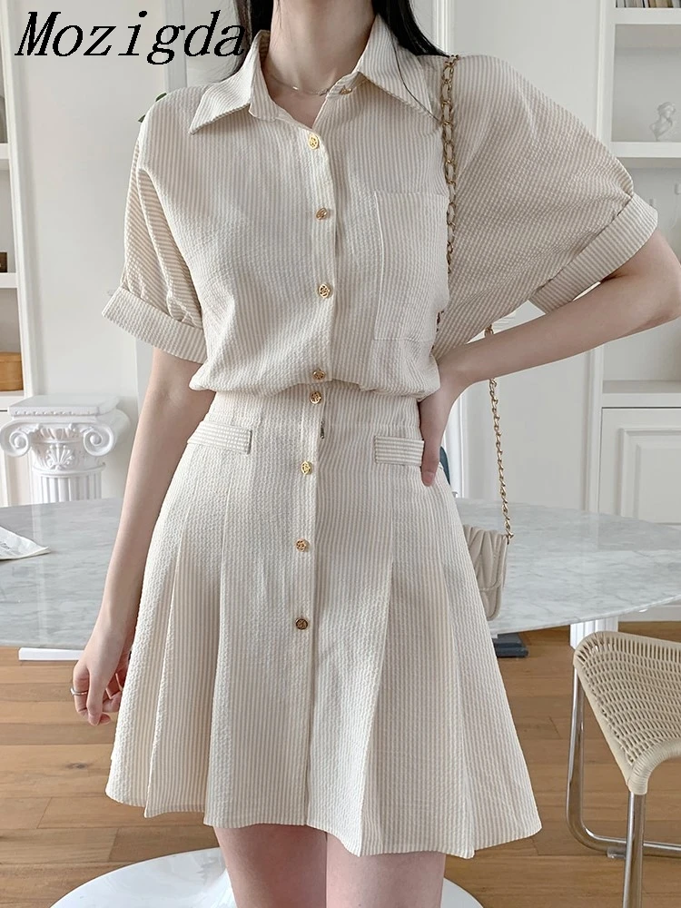 Summer Mini Shirt Dress Women Striped Print Slim Waist Modis Ruffle Pleated Ladies Dresses Short Sleeve Korean Style Woman Dress
Summer Mini Shirt Dress Women Striped Print Slim Waist Modis Ruffle Pleated Ladies Dresses Short Sleeve Korean Style Woman Dress