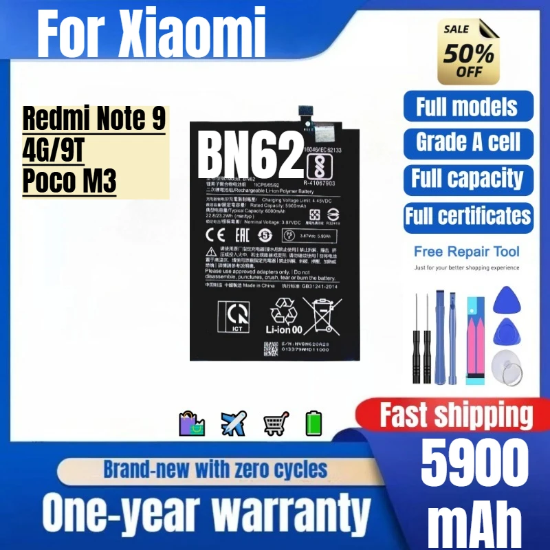 BN62 for Xiaomi Redmi Note 9 4G//9T/Poco M3 Phone Battery 0 Cycle High Quality High Capacity Replacement Bateria with Tools
BN62 for Xiaomi Redmi Note 9 4G//9T/Poco M3 Phone Battery 0 Cycle High Quality High Capacity Replacement Bateria with Tools