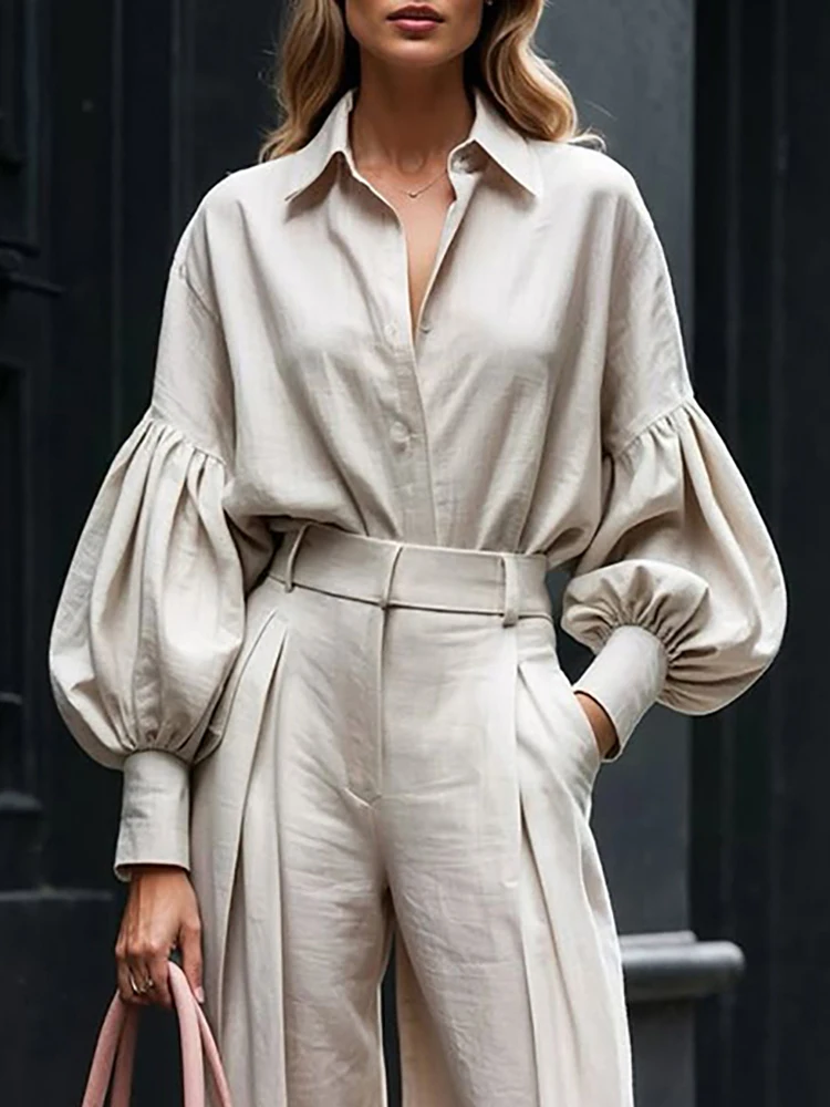 Женская хлопково-льняная рубашка с рукавами-фонариками, комплект из двух предметов, однобортный комплект с лацканами Daliy Office, элегантный шикарный и широкий комплект брюк
Женская хлопково-льняная рубашка с рукавами-фонариками, комплект из двух предметов, однобортный комплект с лацканами Daliy Office, элегантный шикарный и широкий комплект брюк