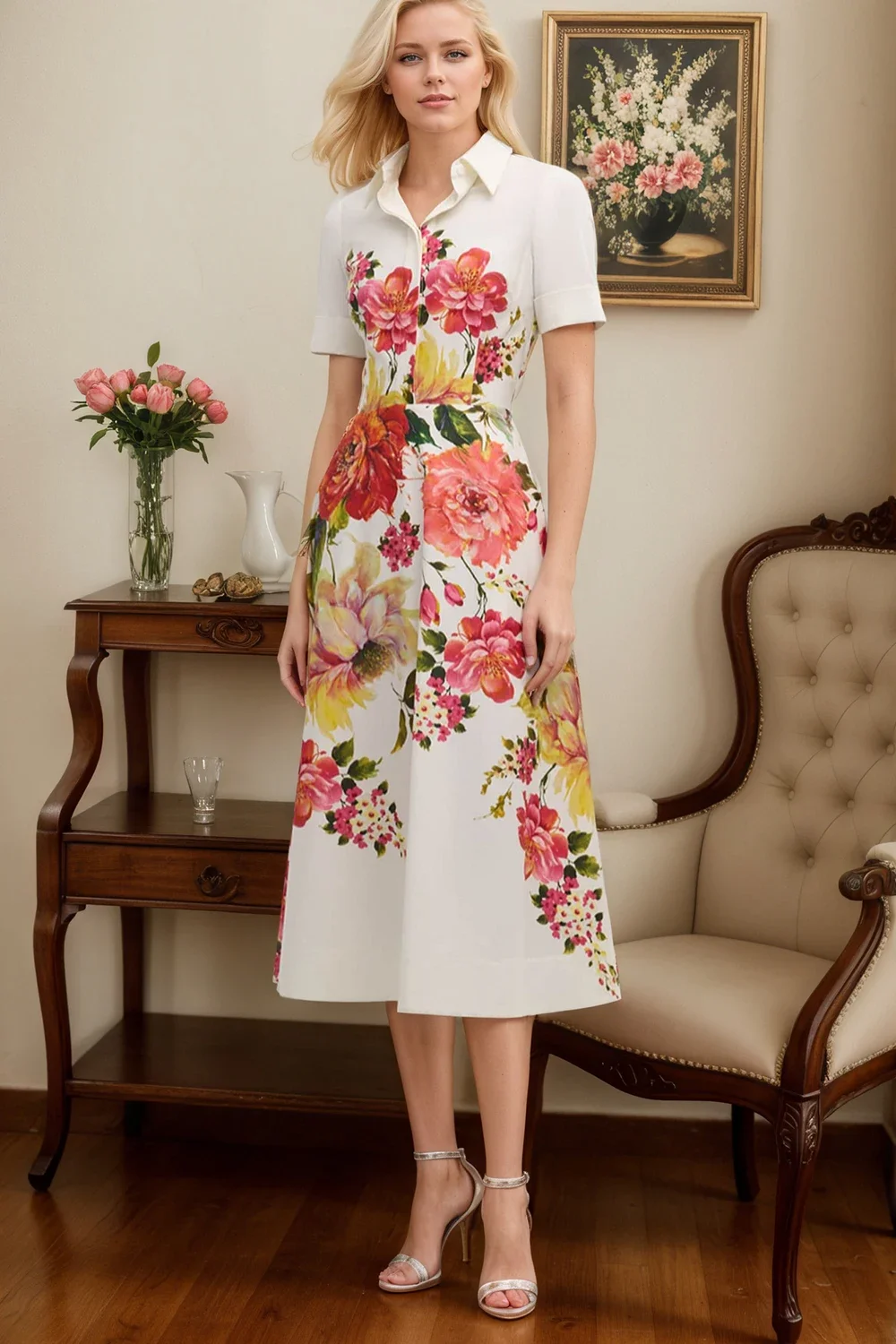 Women Elegant Lapel Collar Dress Short Sleeve Vintage Straight Floral Printed Chic Shirt Dress Casual Sweet Retro Midi Dresses
Women Elegant Lapel Collar Dress Short Sleeve Vintage Straight Floral Printed Chic Shirt Dress Casual Sweet Retro Midi Dresses