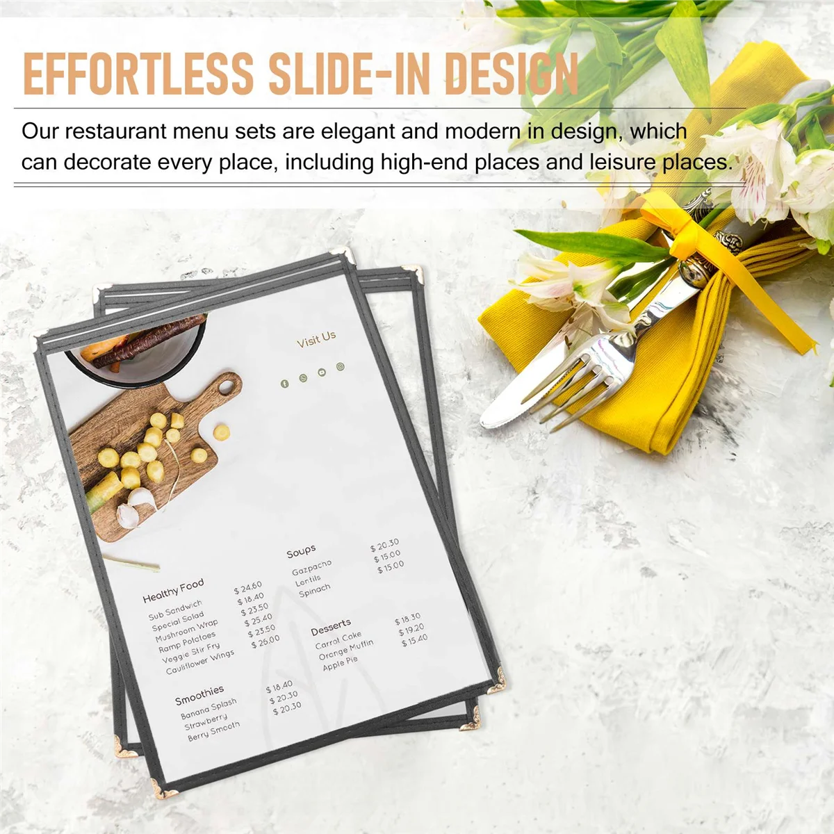 ABLK 10 Pack of Menu Covers - Single Page, 2 View, Fits 8.5 x 11 Inch Paper - Restaurant Menu Covers
ABLK 10 Pack of Menu Covers - Single Page, 2 View, Fits 8.5 x 11 Inch Paper - Restaurant Menu Covers