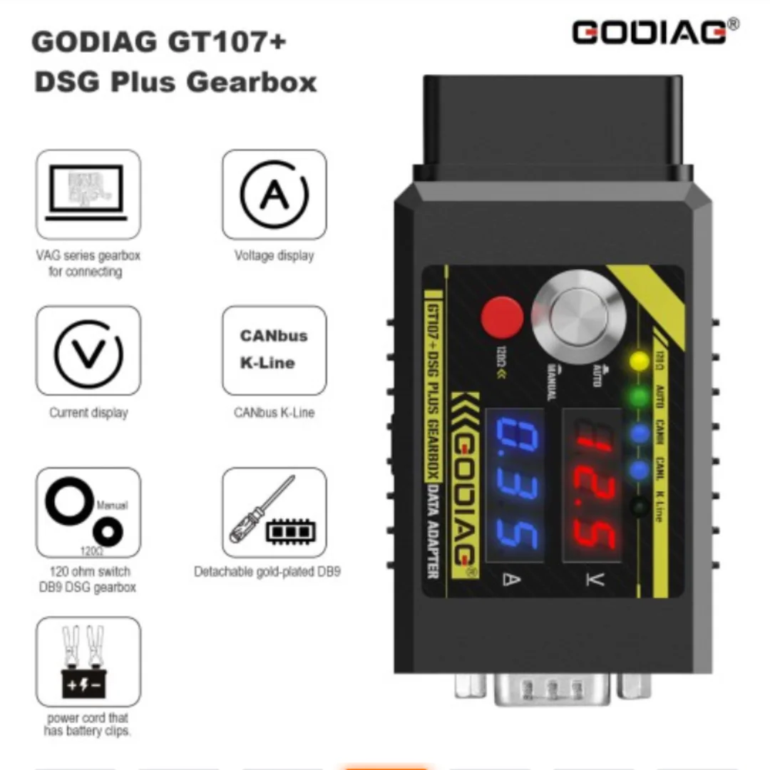 Newest GODIAG GT107+ DSG Plus Gearbox Data Adapter with Voltage Current Display For DQ250 DQ200 VL381 VL300 DQ500 DL501 Ben
Newest GODIAG GT107+ DSG Plus Gearbox Data Adapter with Voltage Current Display For DQ250 DQ200 VL381 VL300 DQ500 DL501 Ben