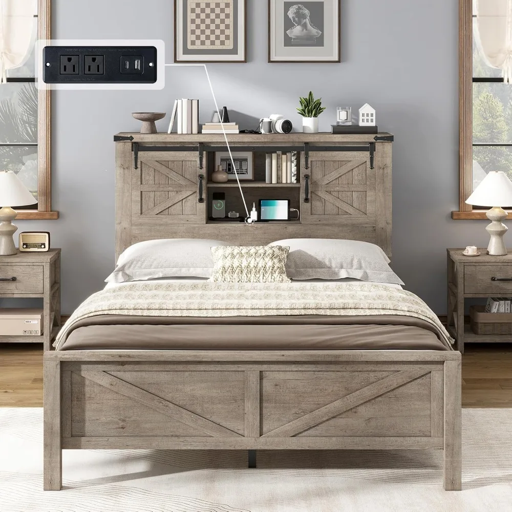 Farmhouse Style Full-size Bed Frame with Storage Headboard and Charging Station, Rustic Wooden Platform Bed
Farmhouse Style Full-size Bed Frame with Storage Headboard and Charging Station, Rustic Wooden Platform Bed