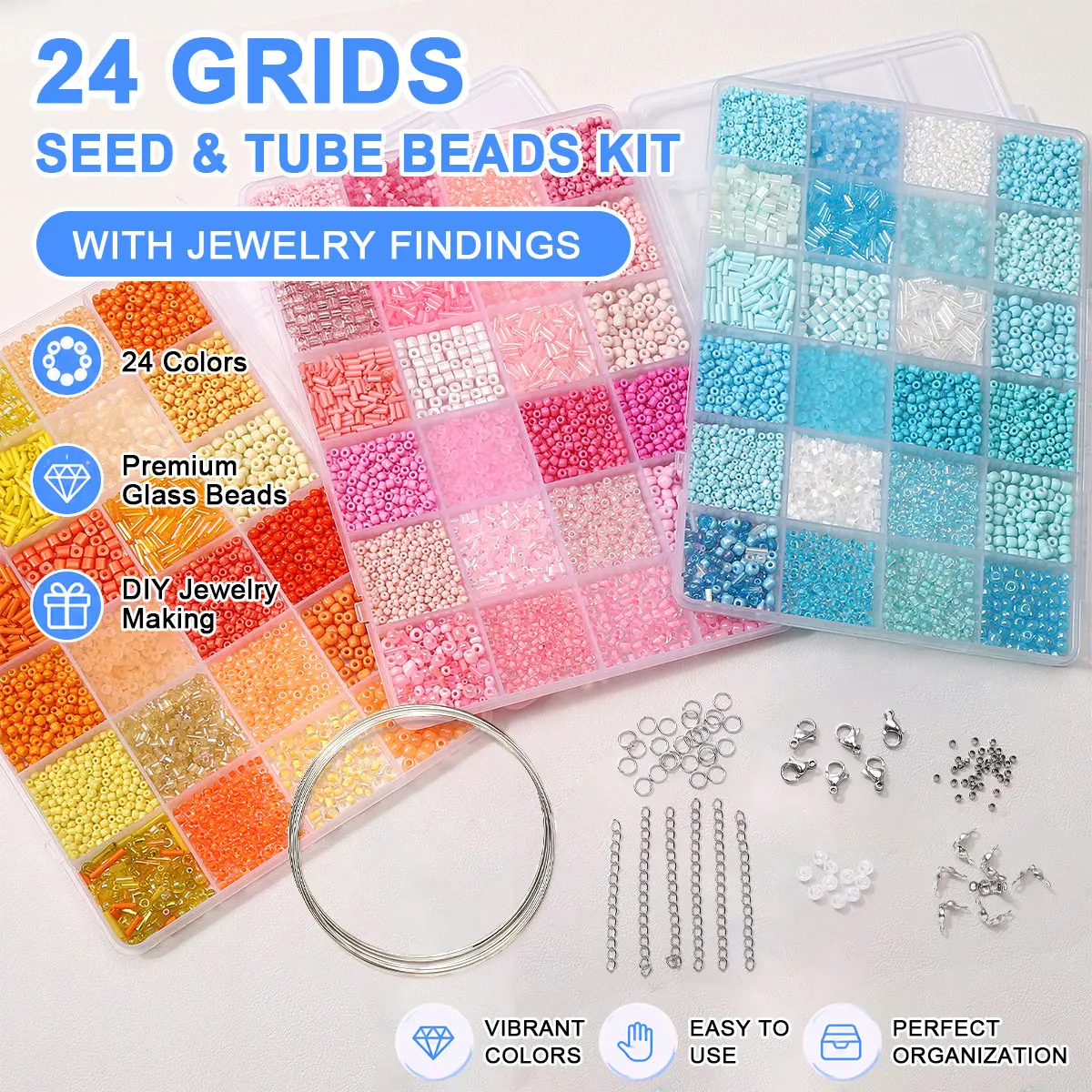 24 Grids DIY Jewelry Making Seed Beads & Tube Beads Kit Include with Jewelry Findings Include Lobster Clasp, Jump Rings & Wire
24 Grids DIY Jewelry Making Seed Beads & Tube Beads Kit Include with Jewelry Findings Include Lobster Clasp, Jump Rings & Wire