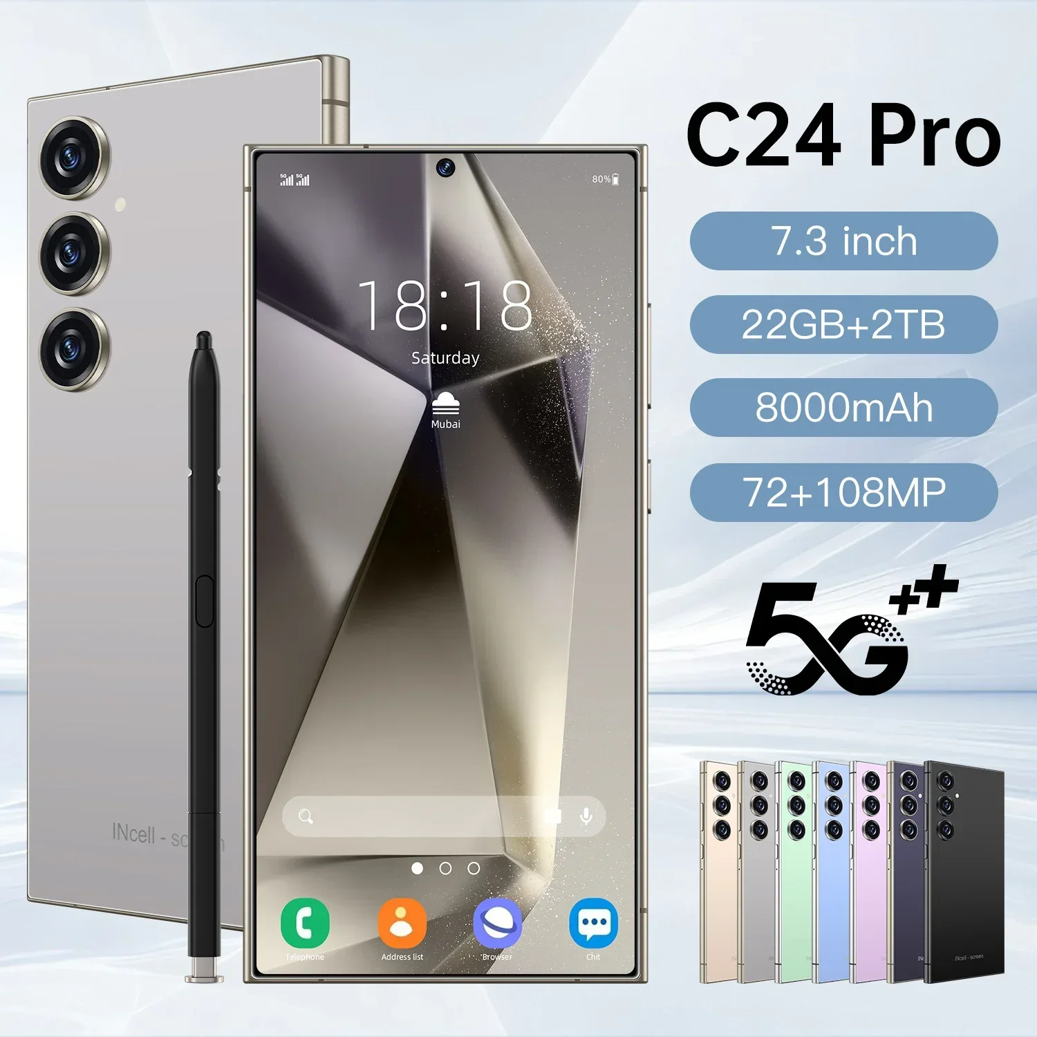 2025 New Global Version C24 Pro 5G Android Smart Original Phone 7.3 Inch HD Screen 8000mAh 108MP Camera Dual SIM Unlocked Phone
2025 New Global Version C24 Pro 5G Android Smart Original Phone 7.3 Inch HD Screen 8000mAh 108MP Camera Dual SIM Unlocked Phone