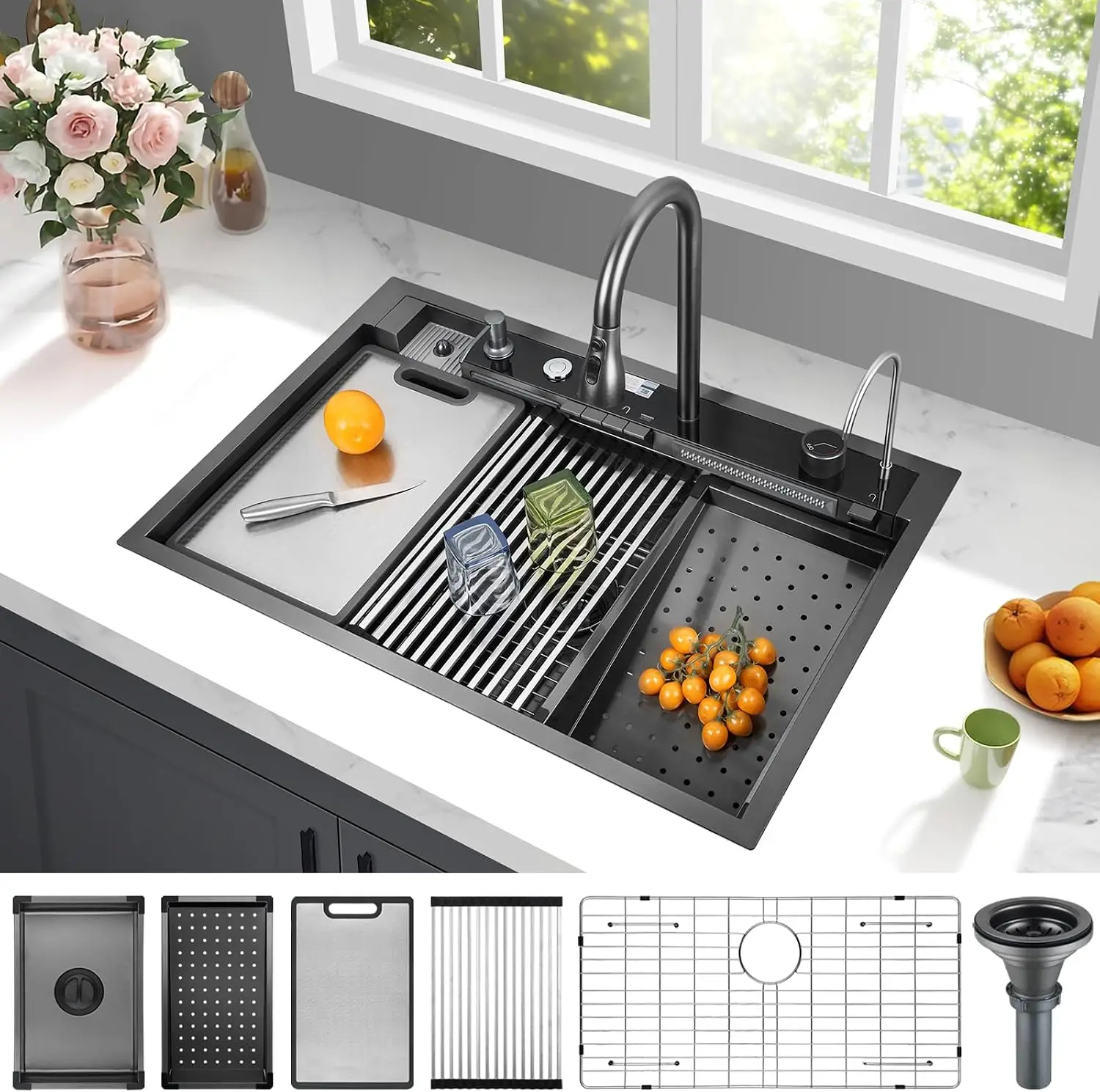 33x22 Inch Smart Waterfal Kitchen Sink Workstation, Gunmetal Black Drop-In Sink Handmade 16 Gauge Stainless Steel Single Bowl
33x22 Inch Smart Waterfal Kitchen Sink Workstation, Gunmetal Black Drop-In Sink Handmade 16 Gauge Stainless Steel Single Bowl