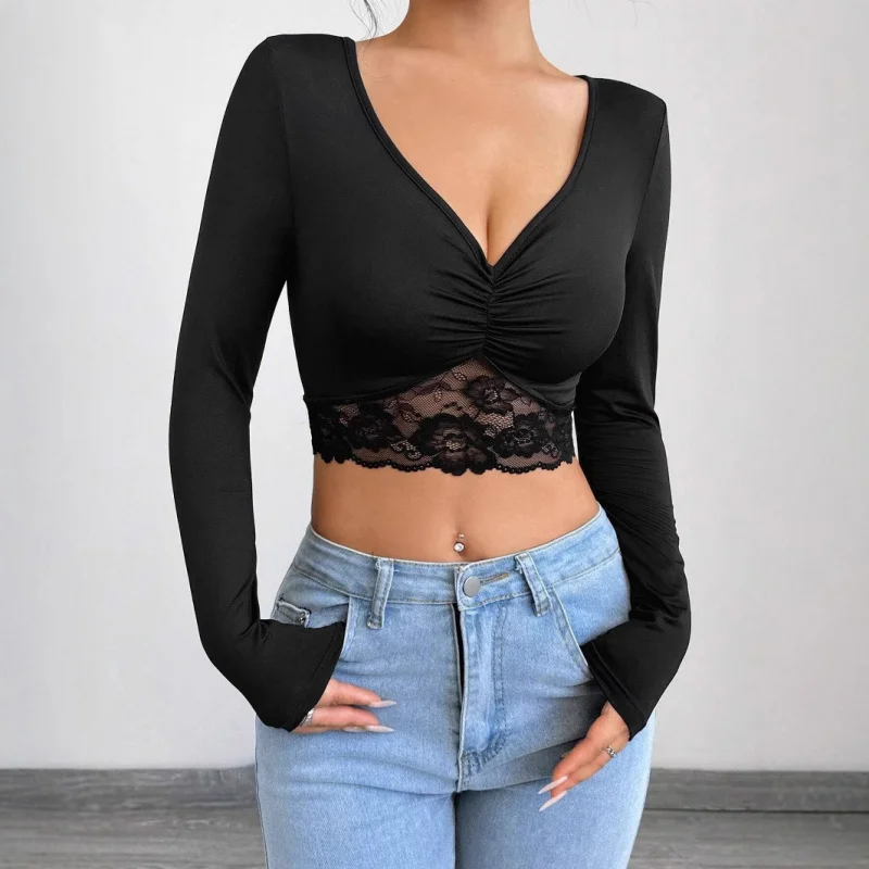 2025New Women's DeepVCollared Long Sleeve Lace Patchwork Ruched Short TopTWomen's T-shirt
2025New Women's DeepVCollared Long Sleeve Lace Patchwork Ruched Short TopTWomen's T-shirt