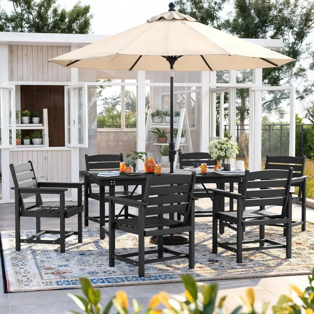Patio HDPE Dining Table Set, 7 Piece Outdoor Dining Table Sets with Umbrella Hole Cut-Out Table and 6 Chairs, Black
Patio HDPE Dining Table Set, 7 Piece Outdoor Dining Table Sets with Umbrella Hole Cut-Out Table and 6 Chairs, Black