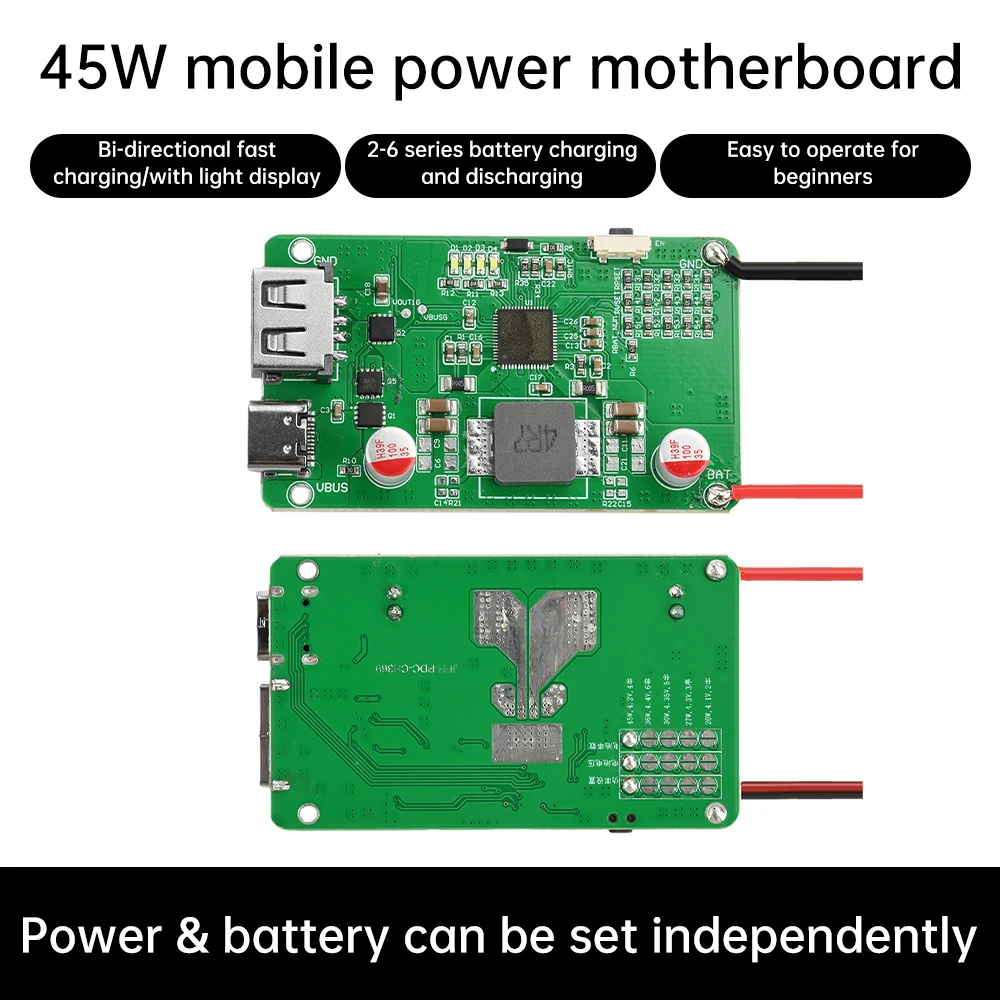 45W PD QC Full Protocol Bi-directional Fast Charging Mobile Power Module DIY Charger 2-6S Li-ion Battery Protection Motherboard
45W PD QC Full Protocol Bi-directional Fast Charging Mobile Power Module DIY Charger 2-6S Li-ion Battery Protection Motherboard