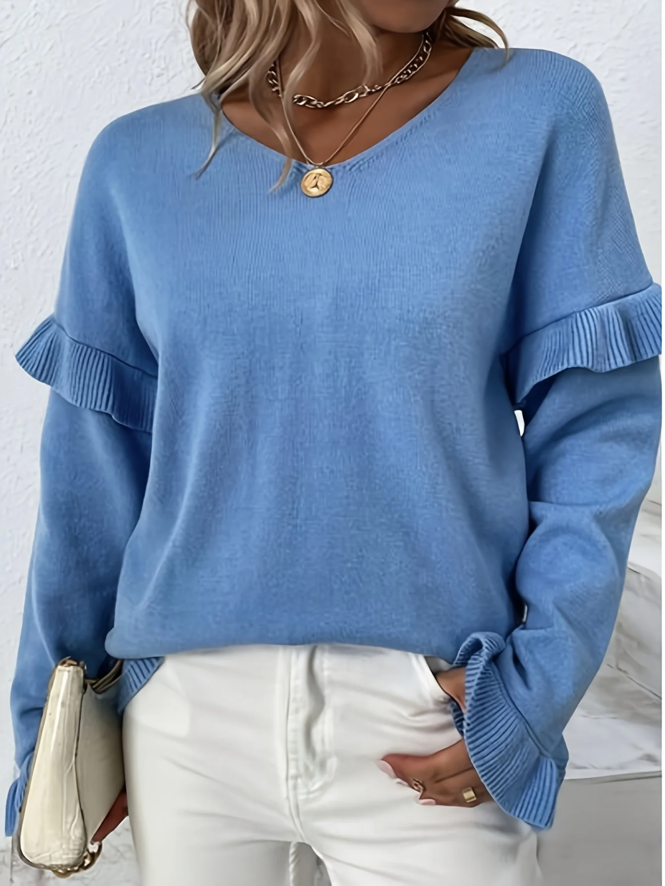 Plus Size Knitted Sweater Women V Neck Flounce Sleeve Loose Fit Casual Autumn Winter
Plus Size Knitted Sweater Women V Neck Flounce Sleeve Loose Fit Casual Autumn Winter