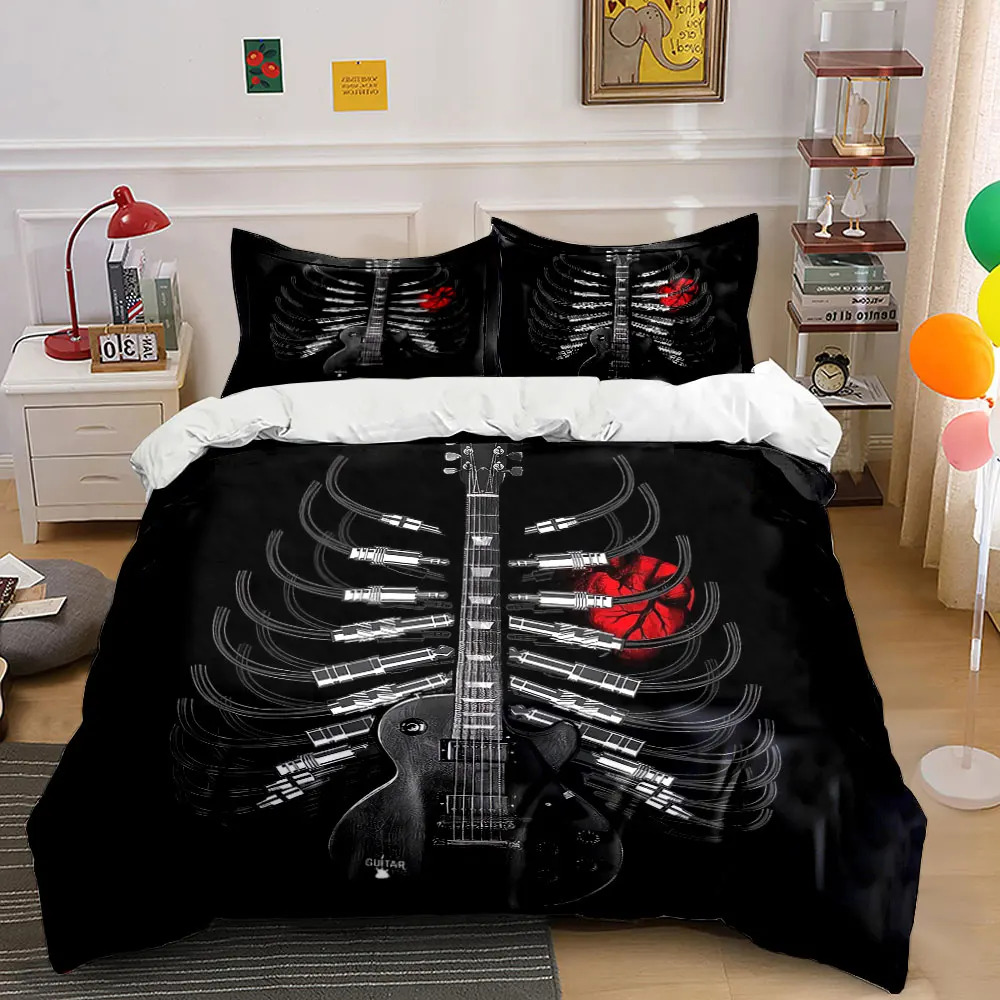 3Pcs Rock Guitar Bedding Set, Guitar Skeleton with Heart Print Duvet Cover + 2 Pillowcases, Music Lover Decor
3Pcs Rock Guitar Bedding Set, Guitar Skeleton with Heart Print Duvet Cover + 2 Pillowcases, Music Lover Decor