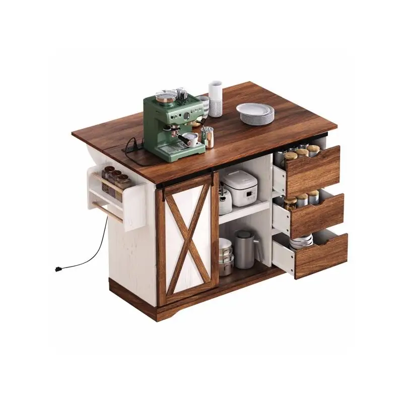 55,5-дюймовый кухонный остров фермерского дома с откидным листом, хранилищем, дверью сарая, розеткой, тележкой на колесиках со стойкой для специй, для домашней столовой 
55,5-дюймовый кухонный остров фермерского дома с откидным листом, хранилищем, дверью сарая, розеткой, тележкой на колесиках со стойкой для специй, для домашней столовой