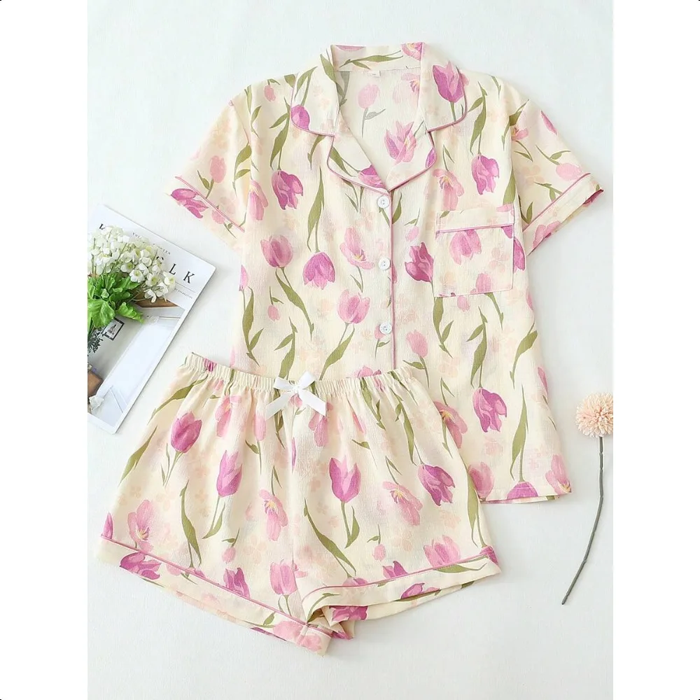 Tulip Floral 2Pcs Pajama Set, V-Neck Button Short Sleeve Top & Pants, Summer Women Loungewear
Tulip Floral 2Pcs Pajama Set, V-Neck Button Short Sleeve Top & Pants, Summer Women Loungewear
