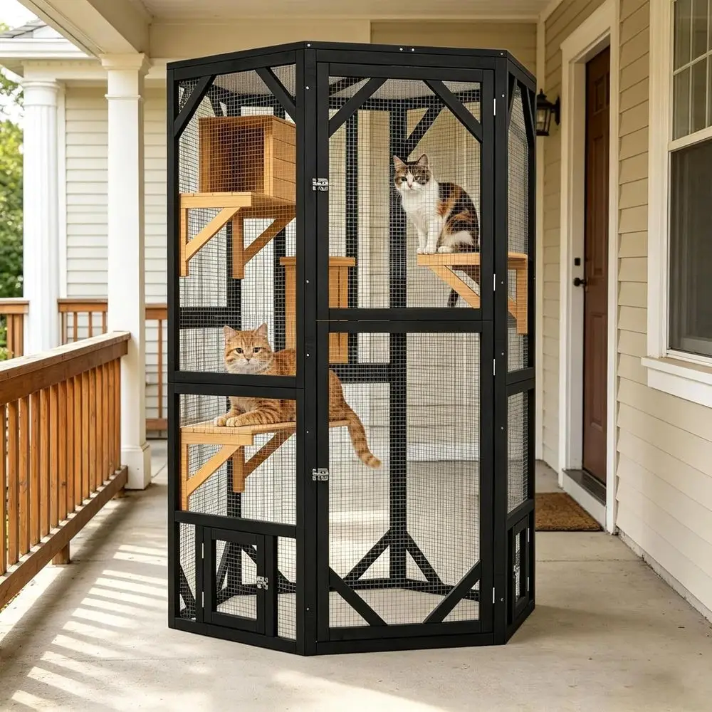 Multi-Level Outdoor Wooden Cat Enclosure with Open Top, Perches, and Private Condo for Multiple Cats
Multi-Level Outdoor Wooden Cat Enclosure with Open Top, Perches, and Private Condo for Multiple Cats