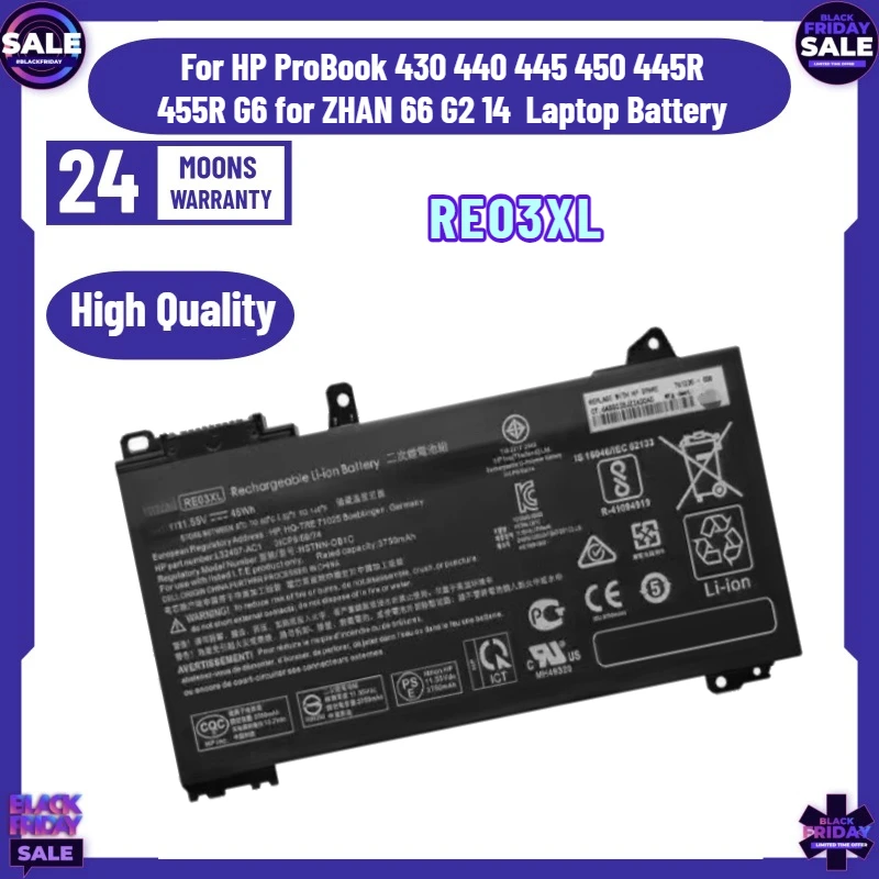 RE03XL Battery for HP ProBook 430 440 445 450 445R 455R G6 for ZHAN 66 G2 14 Laptop Battery
RE03XL Battery for HP ProBook 430 440 445 450 445R 455R G6 for ZHAN 66 G2 14 Laptop Battery