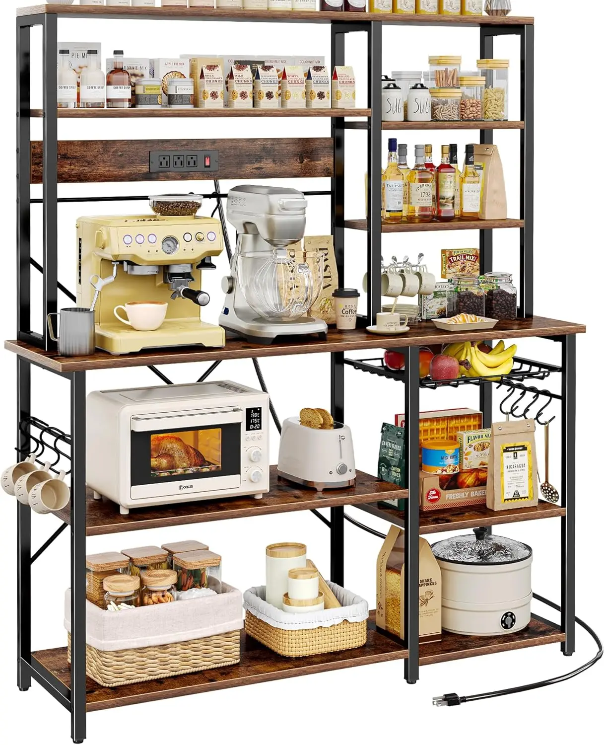 6-Tier Kitchen Storage Rack with Power Outlets, Microwave Stand, Coffee Bar, and Hooks in Rustic Brown
6-Tier Kitchen Storage Rack with Power Outlets, Microwave Stand, Coffee Bar, and Hooks in Rustic Brown