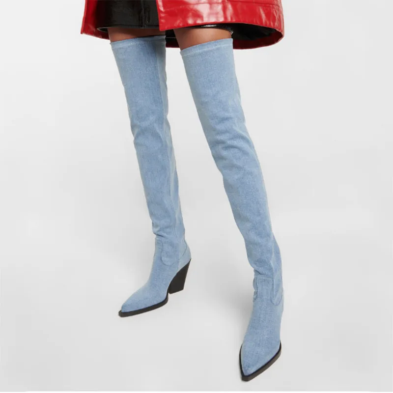 Arden Furtado blue denim cowboy Thigh high boots Pointed toe boots for skinny legs Chunky heels over the knee high boots women
Arden Furtado blue denim cowboy Thigh high boots Pointed toe boots for skinny legs Chunky heels over the knee high boots women