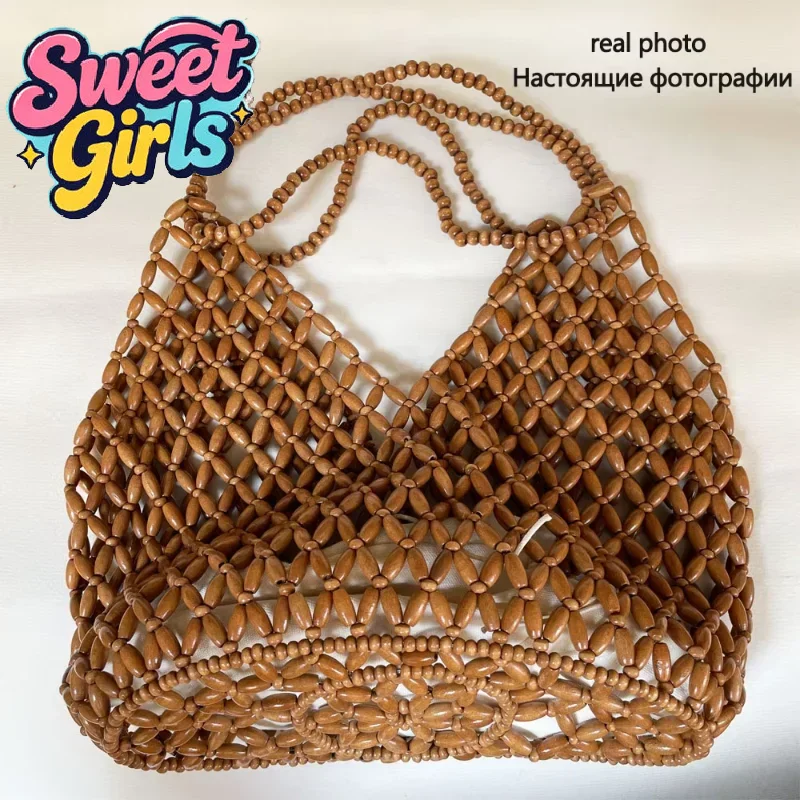 Fashion Handmade Woven Beaded Handbag For Women Exquisite Hollow-out Wooden Beaded Shoulder Bag Female Beach Bag
Fashion Handmade Woven Beaded Handbag For Women Exquisite Hollow-out Wooden Beaded Shoulder Bag Female Beach Bag
