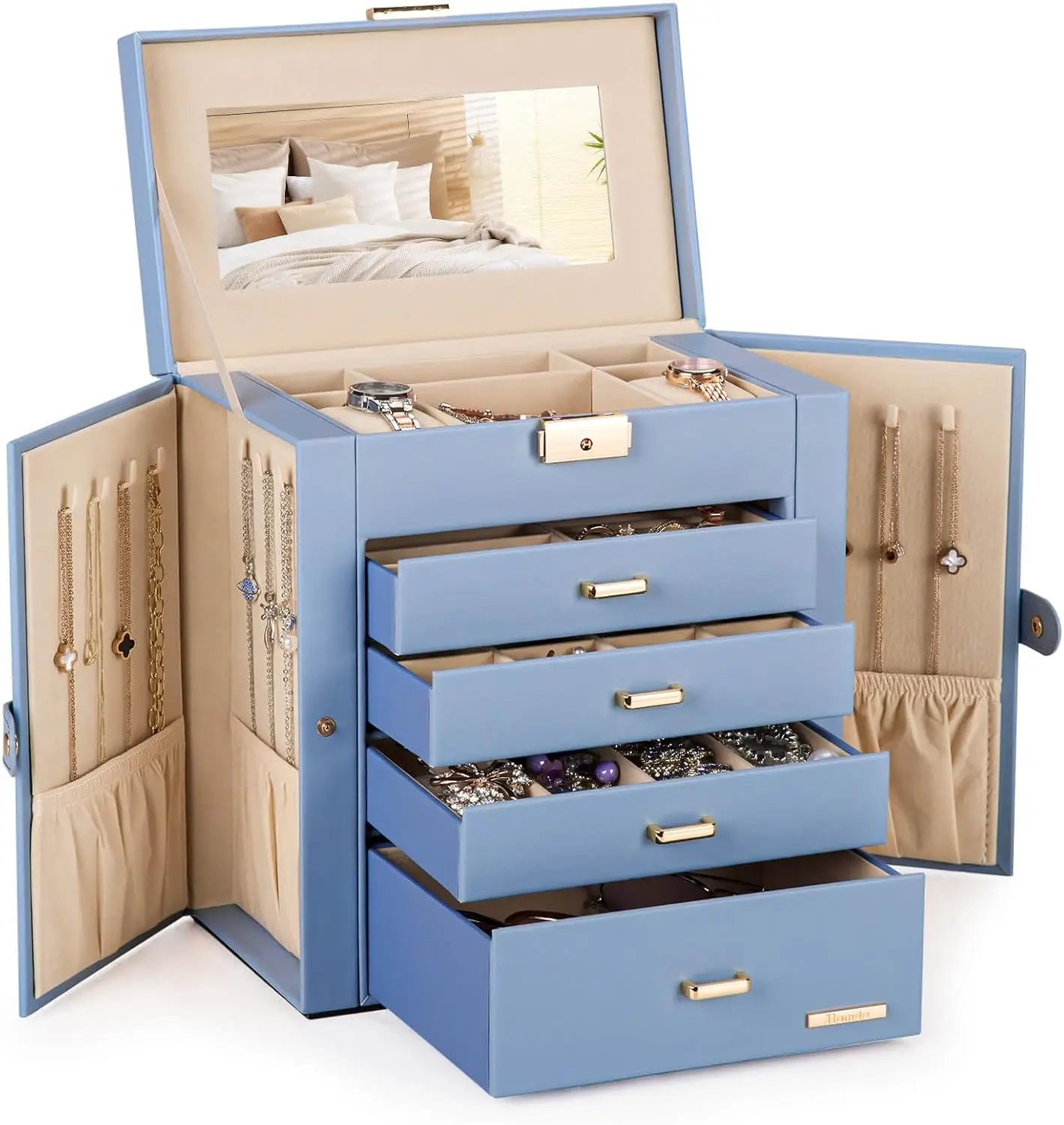Synthetic Leather Jewelry Box with Mirror, Large Watch Organizer Necklace Ring Earring Storage Lockable Gift Case Grey Blue Gold
Synthetic Leather Jewelry Box with Mirror, Large Watch Organizer Necklace Ring Earring Storage Lockable Gift Case Grey Blue Gold