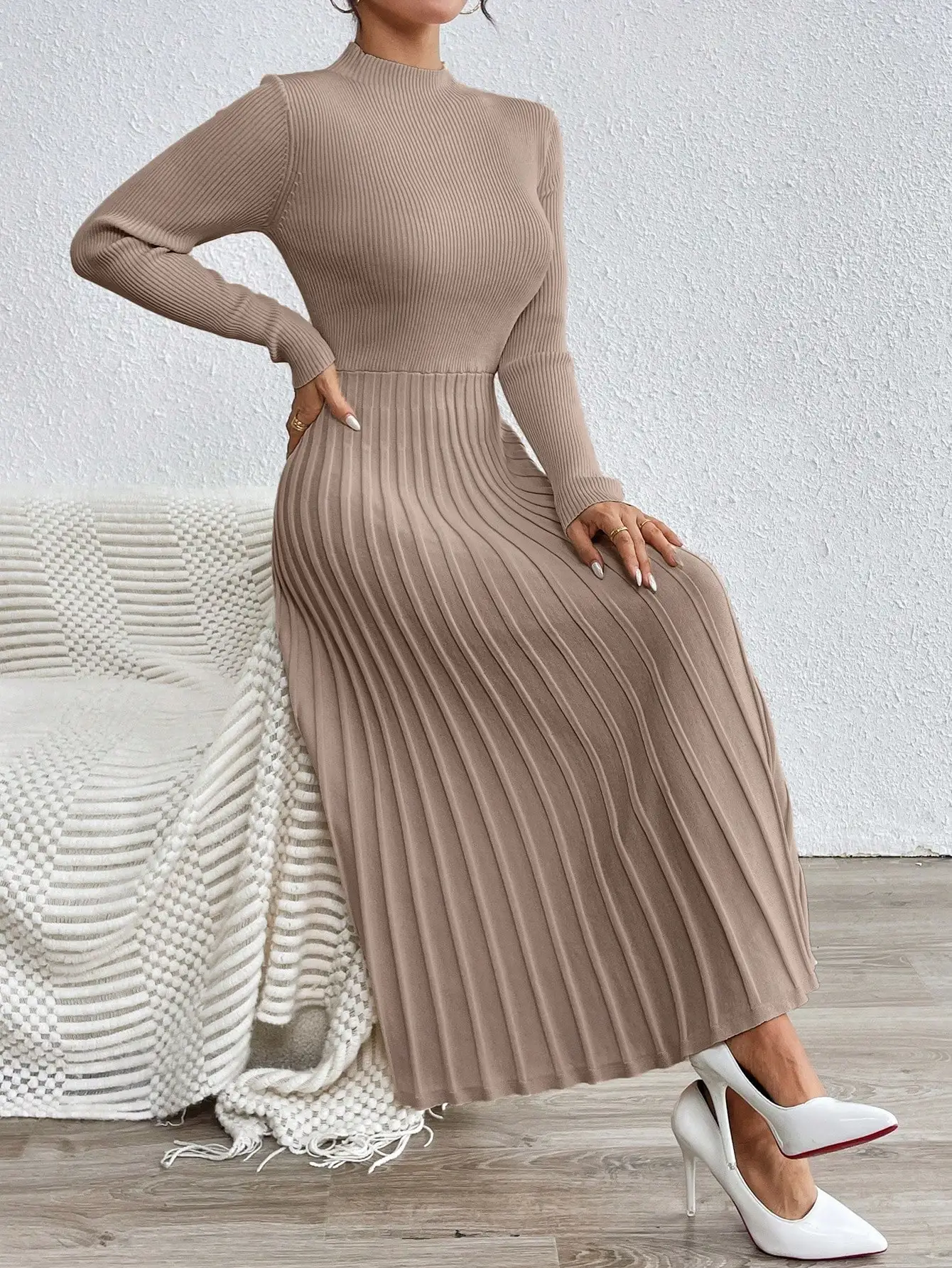 Women's Solid Ribbed Knit Long Sleeve Midi Dress with High Neck, Autumn Winter Elegant Style
Women's Solid Ribbed Knit Long Sleeve Midi Dress with High Neck, Autumn Winter Elegant Style