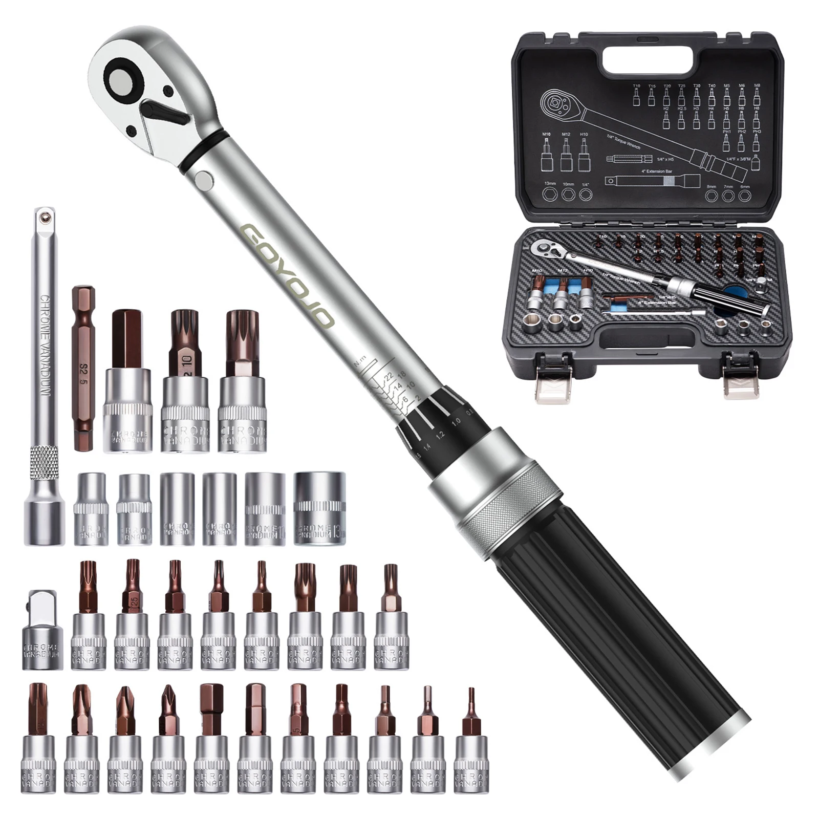 GOYOJO 1/4-Inch Bike Torque Wrench 32PCS (1.5–17.7 ft-lbs/2-24 N.m) Reversible Head Dual-Scales 1/4 Torque Wrench 72 Tooth ±3% High Accuracy Click Torque Wrench Set For MTB Bicycle Maintenance
GOYOJO 1/4-Inch Bike Torque Wrench 32PCS (1.5–17.7 ft-lbs/2-24 N.m) Reversible Head Dual-Scales 1/4 Torque Wrench 72 Tooth ±3% High Accuracy Click Torque Wrench Set For MTB Bicycle Maintenance