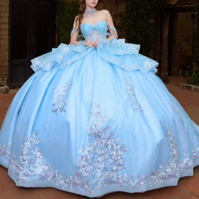 Sky Blue Shiny Ball Gown Quinceanera Dresses Applique Lace Beading Crystal Bow Tiered Tull Corset Off The Shoulder Sweet 16 Dres
Sky Blue Shiny Ball Gown Quinceanera Dresses Applique Lace Beading Crystal Bow Tiered Tull Corset Off The Shoulder Sweet 16 Dres