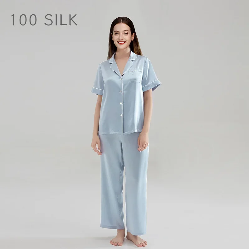 Summer Heavy Silk Pajamas Suit 100% Mulberry Silk V-neck Ladies Sleepwear Women's Short Sleeved Long Pants Cardigan Pijamas
Summer Heavy Silk Pajamas Suit 100% Mulberry Silk V-neck Ladies Sleepwear Women's Short Sleeved Long Pants Cardigan Pijamas