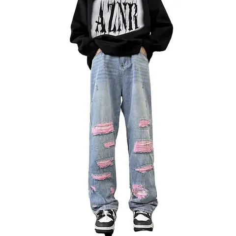 Hip Hop Vintage Casual Jeans Pants Washed Harakuju Streetwear Blue Denim Trousers For Male Patchwork