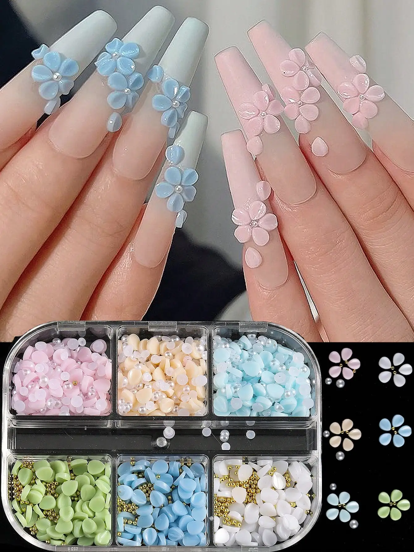 6-Grid Floral Nail Art Charms, Colorful 3D Flower Nail Decorations with Pearls, DIY Nail Art Supplies Kit
6-Grid Floral Nail Art Charms, Colorful 3D Flower Nail Decorations with Pearls, DIY Nail Art Supplies Kit