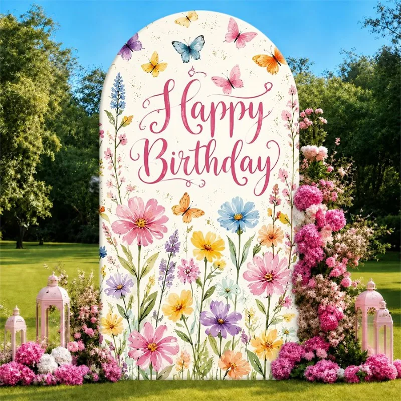 Single Side Arch Backdrop Cover Elegant Floral Birthday Backdrop with Butterfly Motifs and Pink Purple Yellow Wildflowers
Single Side Arch Backdrop Cover Elegant Floral Birthday Backdrop with Butterfly Motifs and Pink Purple Yellow Wildflowers